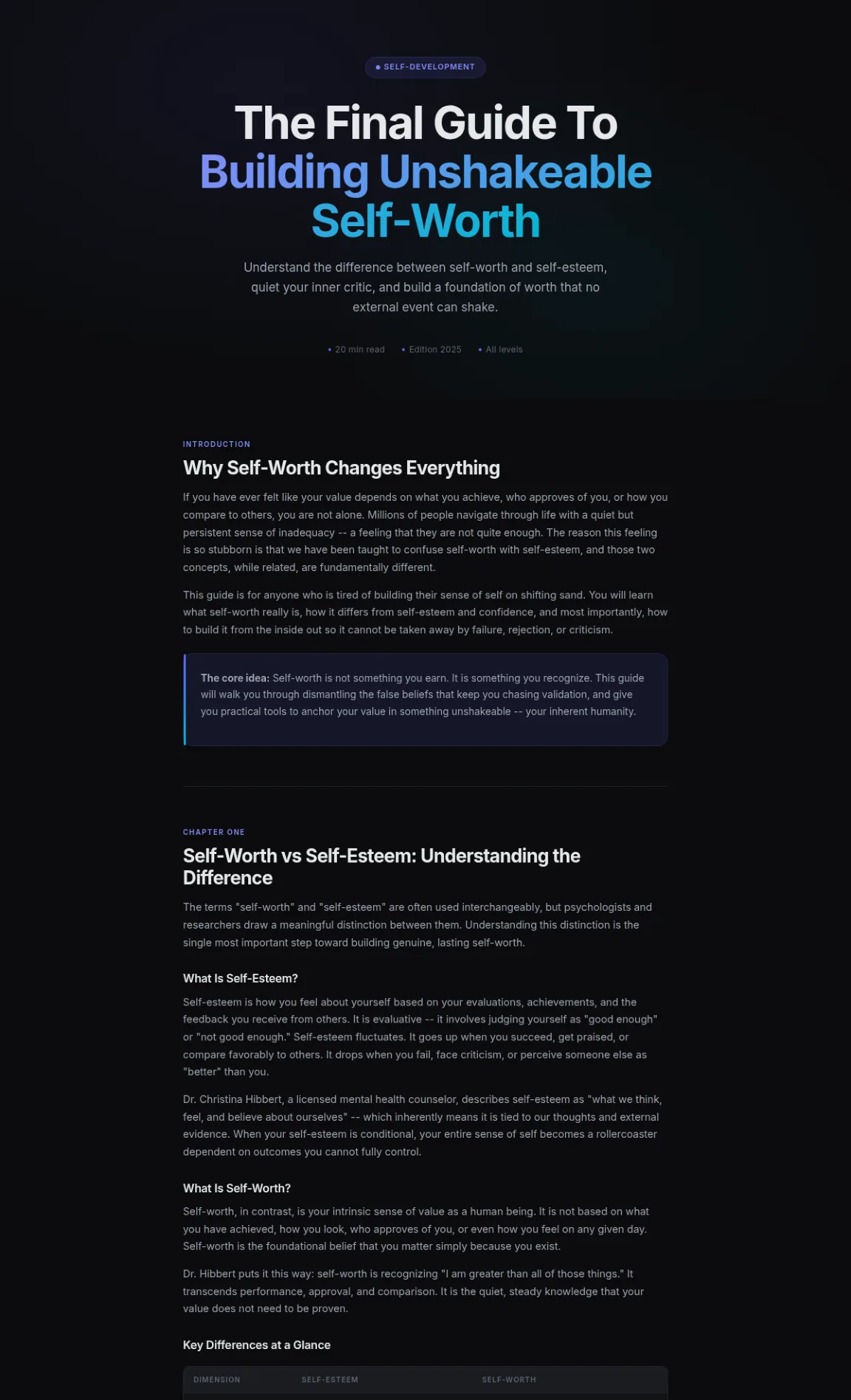 Preview of the first section of the Building Unshakeable Self Worth guide