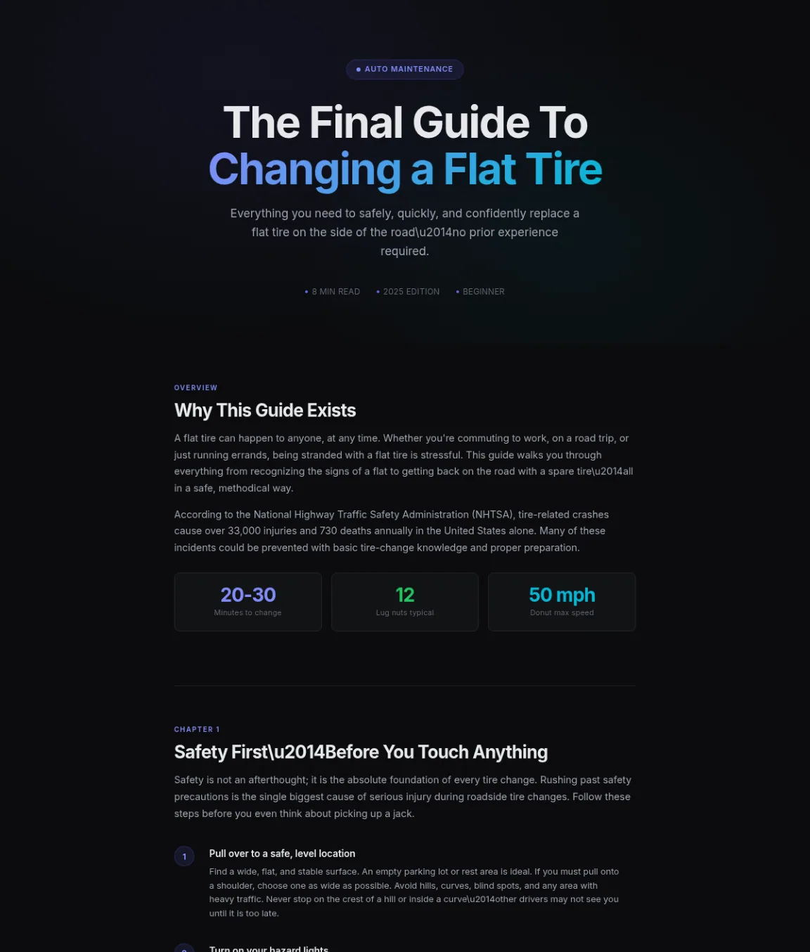 Preview of the first section of the Changing A Tire guide