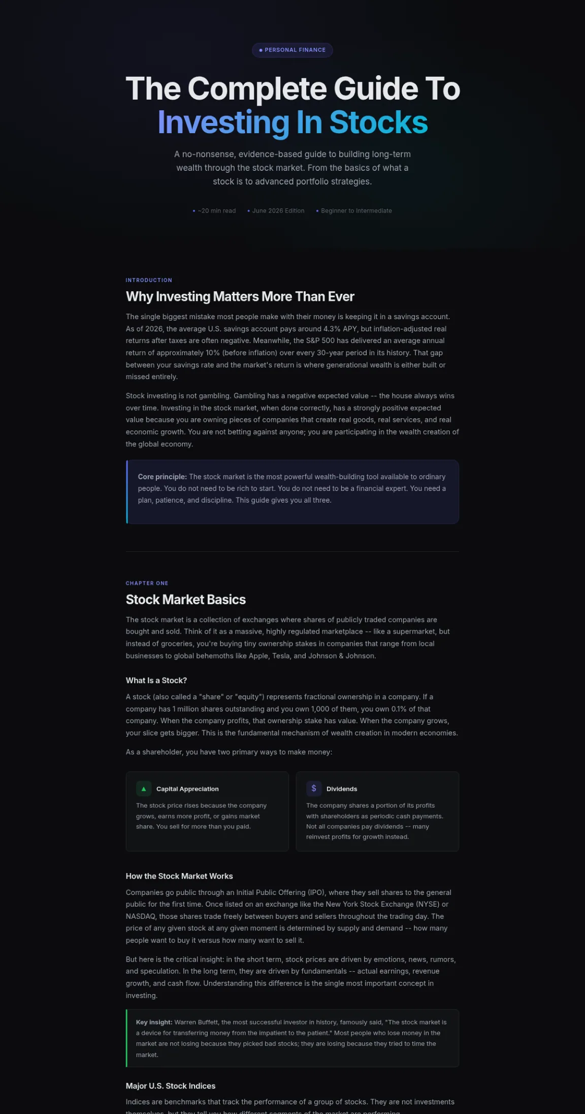 Preview of the first section of the Investing In Stocks guide