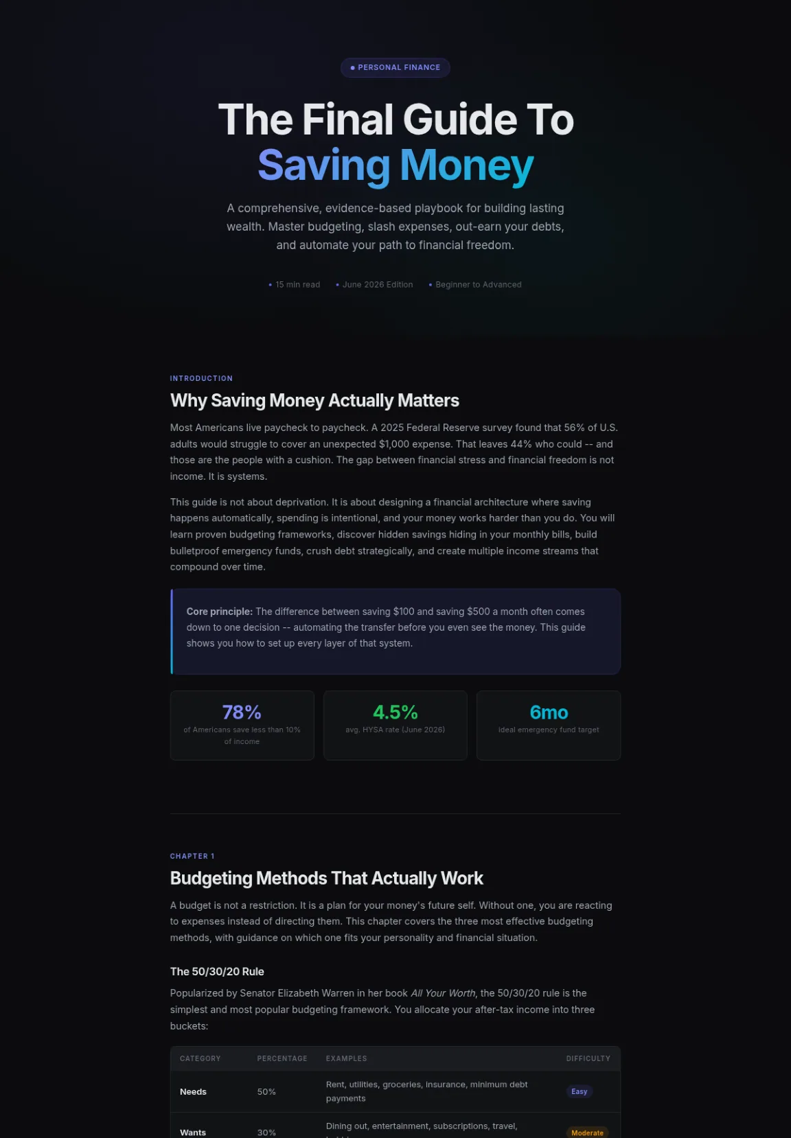 Preview of the first section of the Saving Money guide