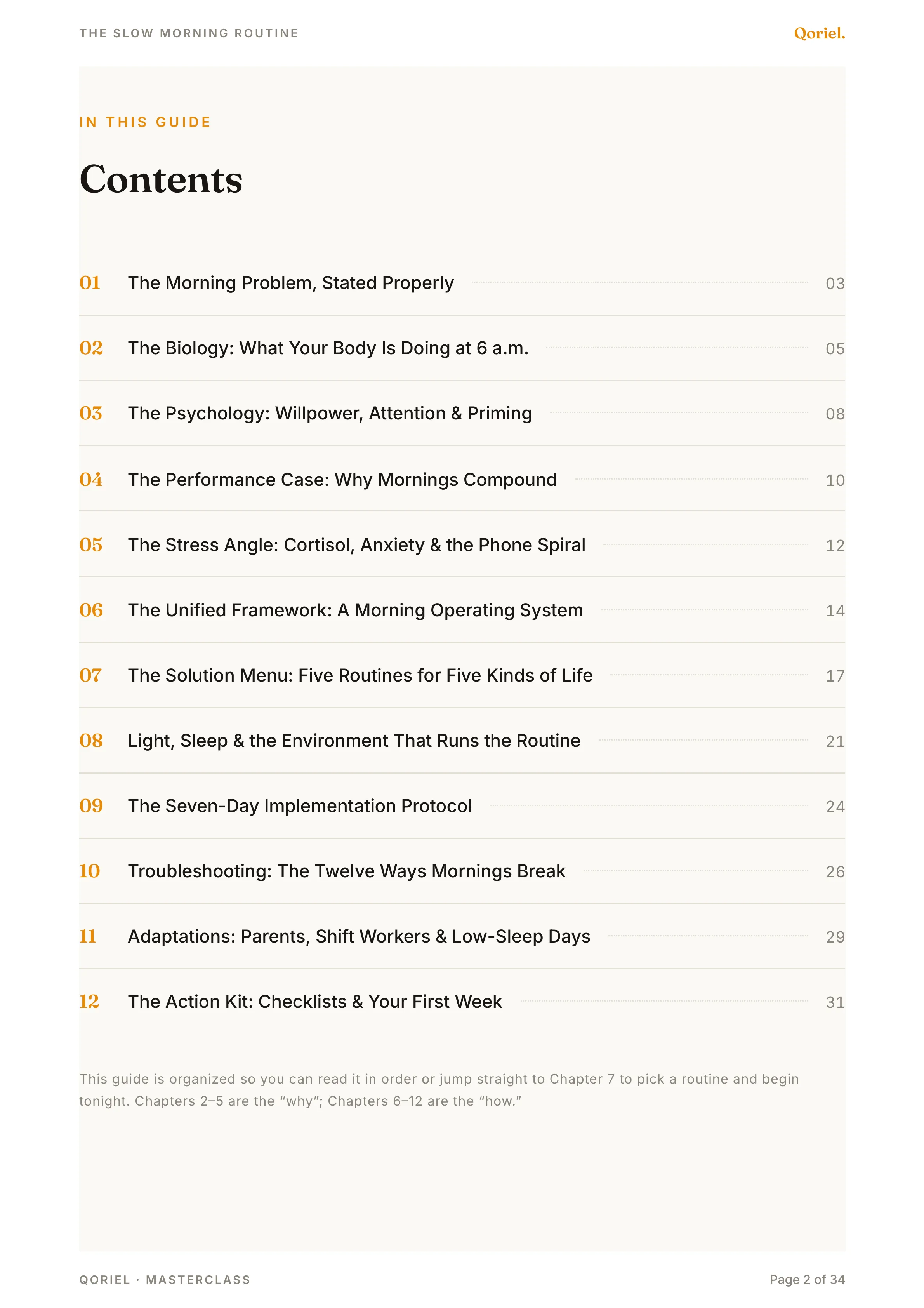 Table of contents of the Slow Morning Routine guide